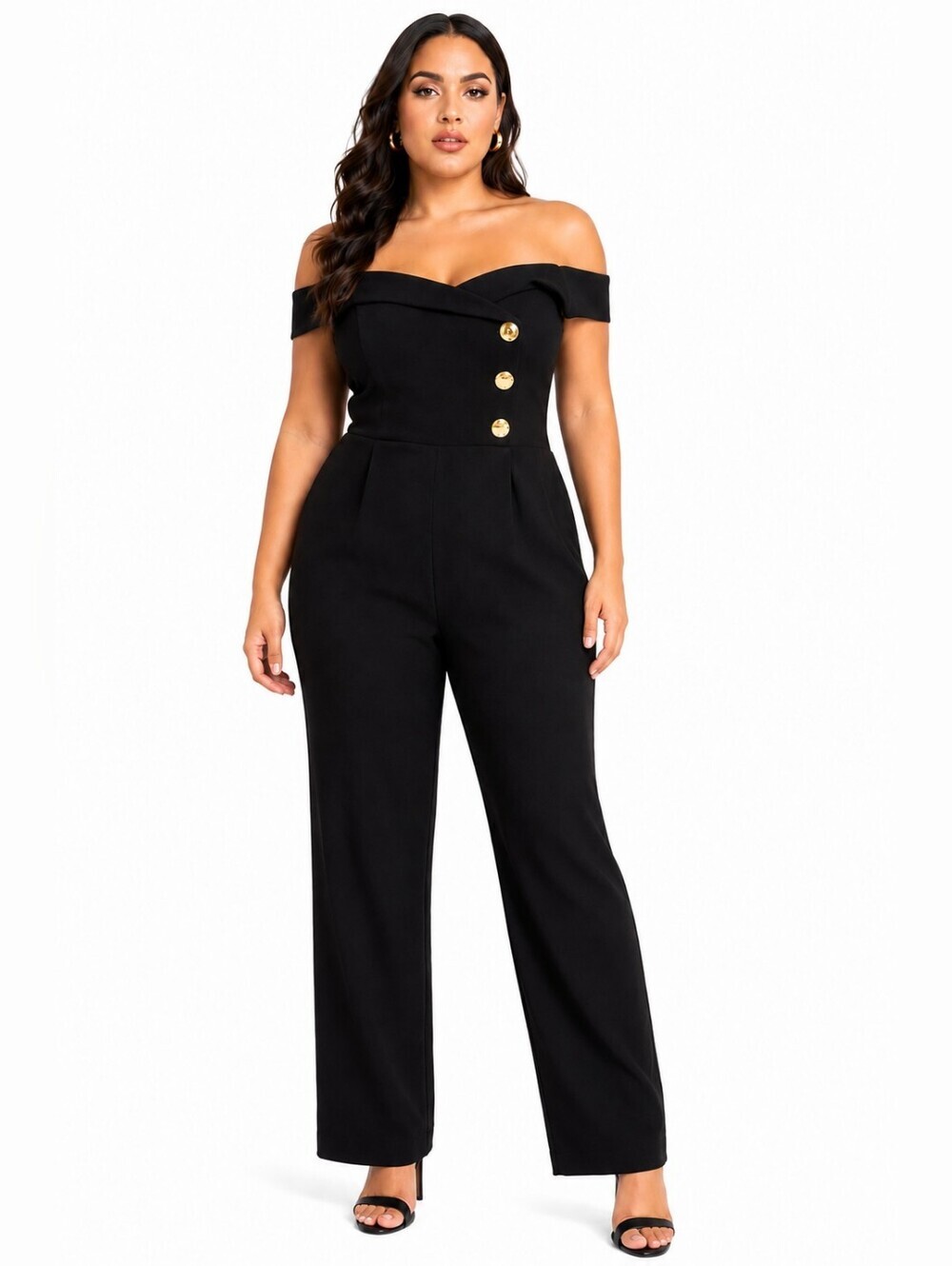 City Chic Black Off-Shoulder Jumpsuit with Gold Button Detail Lg/20